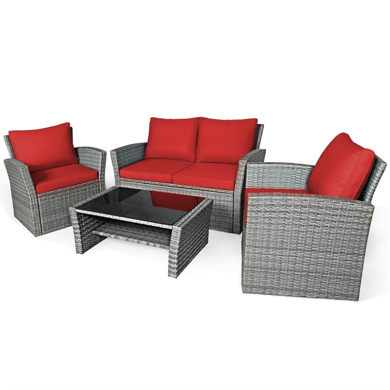 4 Pieces Patio Rattan Furniture Set Outdoor Conversation Sectional Sofa Set with Storage Shelf