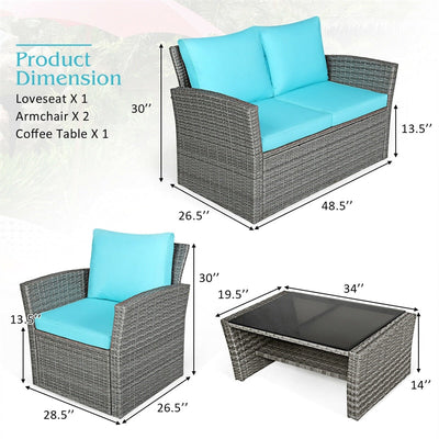 4 Pieces Patio Rattan Furniture Set Outdoor Conversation Sectional Sofa Set with Storage Shelf