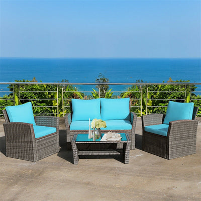 4 Pieces Patio Rattan Furniture Set Outdoor Conversation Sectional Sofa Set with Storage Shelf