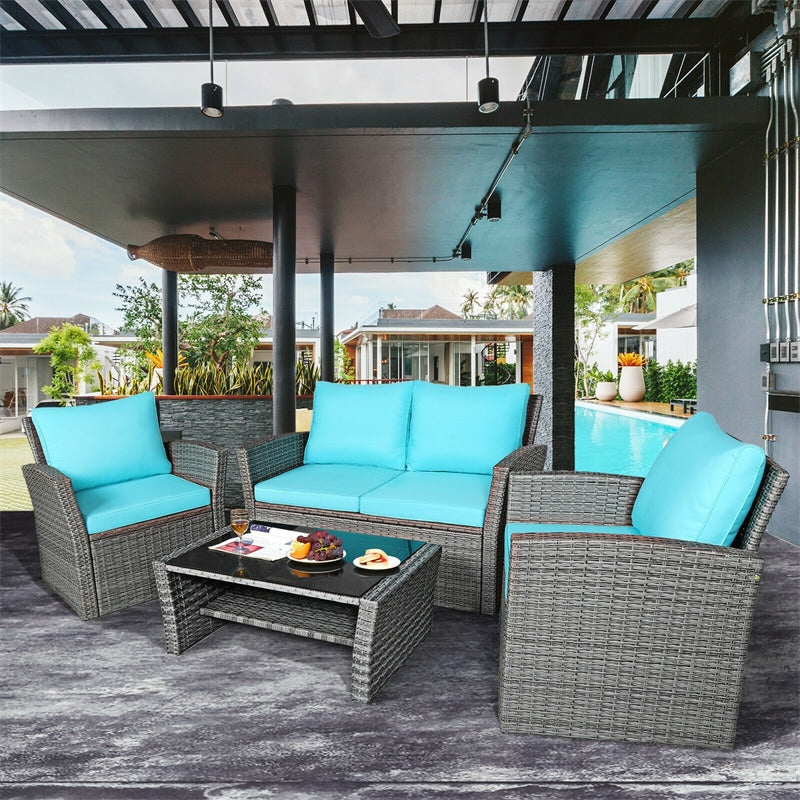 4 Pieces Patio Rattan Furniture Set Outdoor Conversation Sectional Sofa Set with Storage Shelf