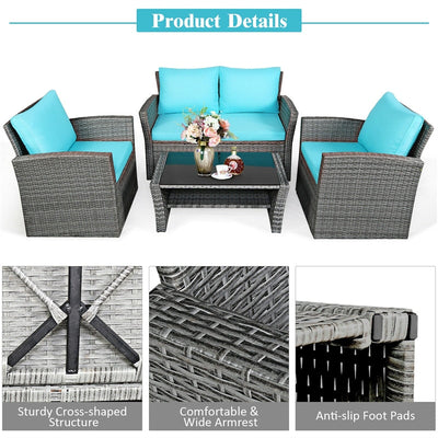 4 Pieces Patio Rattan Furniture Set Outdoor Conversation Sectional Sofa Set with Storage Shelf