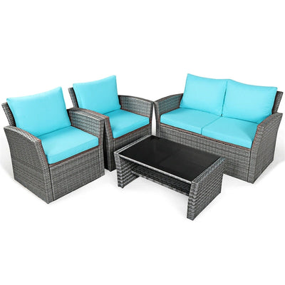 4 Pieces Patio Rattan Furniture Set Outdoor Conversation Sectional Sofa Set with Storage Shelf
