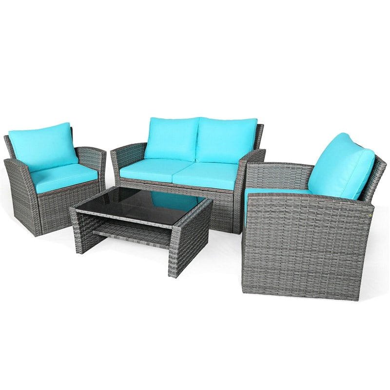 4 Pieces Patio Rattan Furniture Set Outdoor Conversation Sectional Sofa Set with Storage Shelf