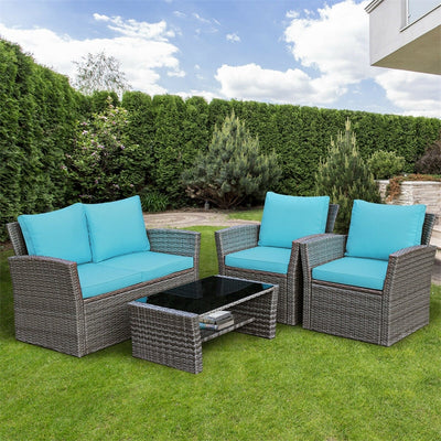 4 Pieces Patio Rattan Furniture Set Outdoor Conversation Sectional Sofa Set with Storage Shelf