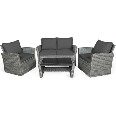 4 Pieces Patio Rattan Furniture Set Outdoor Conversation Sectional Sofa Set with Storage Shelf