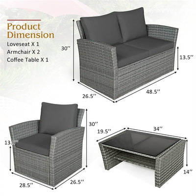 4 Pieces Patio Rattan Furniture Set Outdoor Conversation Sectional Sofa Set with Storage Shelf