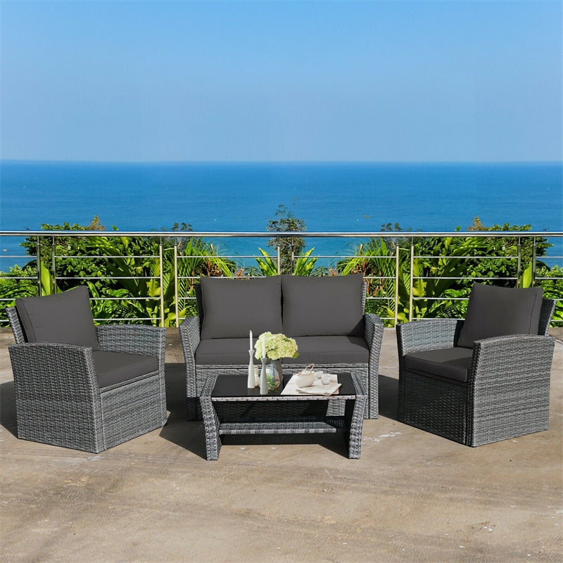 4 Pieces Patio Rattan Furniture Set Outdoor Conversation Sectional Sofa Set with Storage Shelf