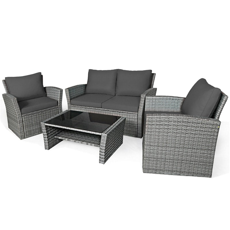 4 Pieces Patio Rattan Furniture Set Outdoor Conversation Sectional Sofa Set with Storage Shelf