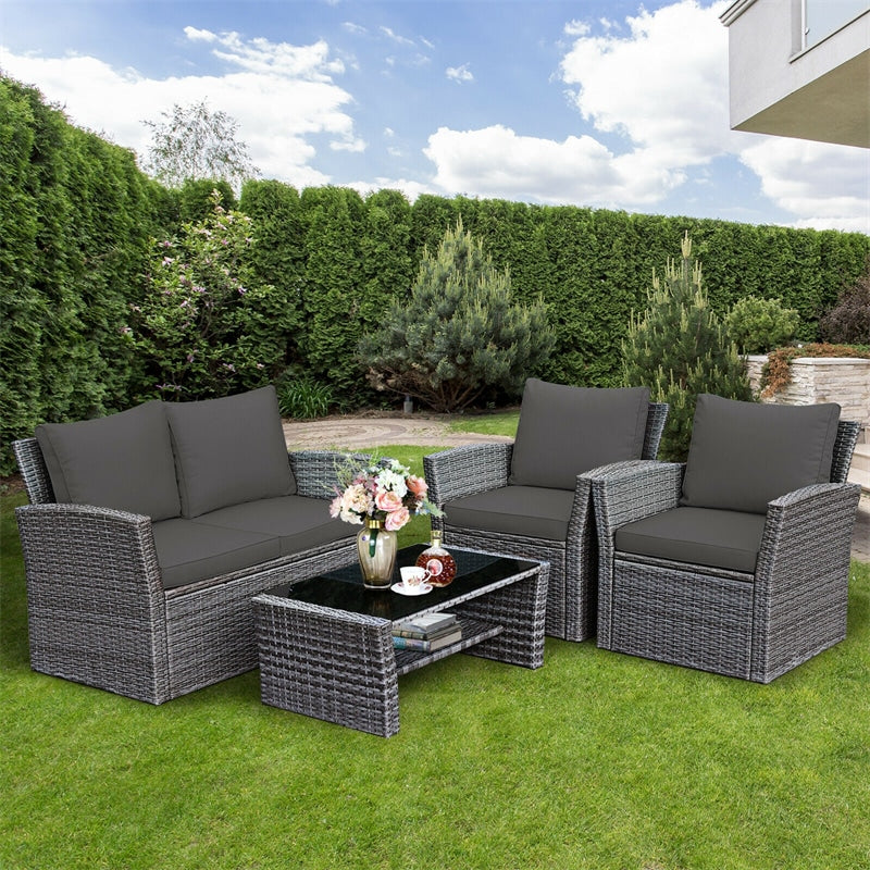 4 Pieces Patio Rattan Furniture Set Outdoor Conversation Sectional Sofa Set with Storage Shelf