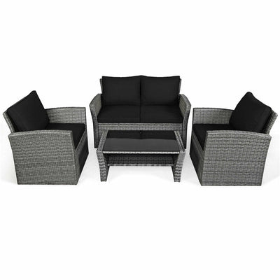 4 Pieces Patio Rattan Furniture Set Outdoor Conversation Sectional Sofa Set with Storage Shelf