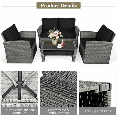 4 Pieces Patio Rattan Furniture Set Outdoor Conversation Sectional Sofa Set with Storage Shelf