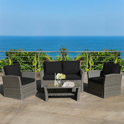 4 Pieces Patio Rattan Furniture Set Outdoor Conversation Sectional Sofa Set with Storage Shelf