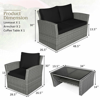 4 Pieces Patio Rattan Furniture Set Outdoor Conversation Sectional Sofa Set with Storage Shelf