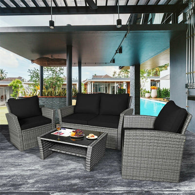 4 Pieces Patio Rattan Furniture Set Outdoor Conversation Sectional Sofa Set with Storage Shelf