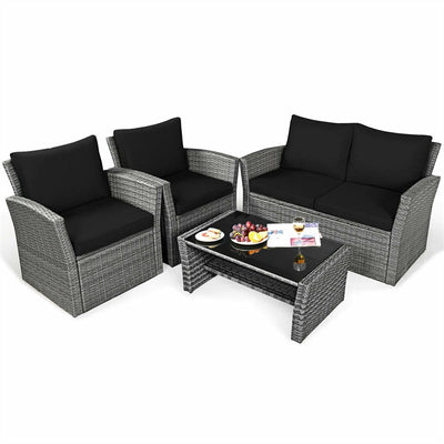 4 Pieces Patio Rattan Furniture Set Outdoor Conversation Sectional Sofa Set with Storage Shelf