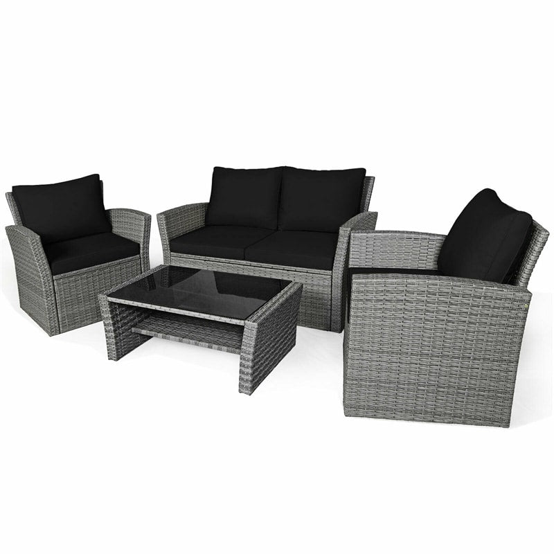 4 Pieces Patio Rattan Furniture Set Outdoor Conversation Sectional Sofa Set with Storage Shelf