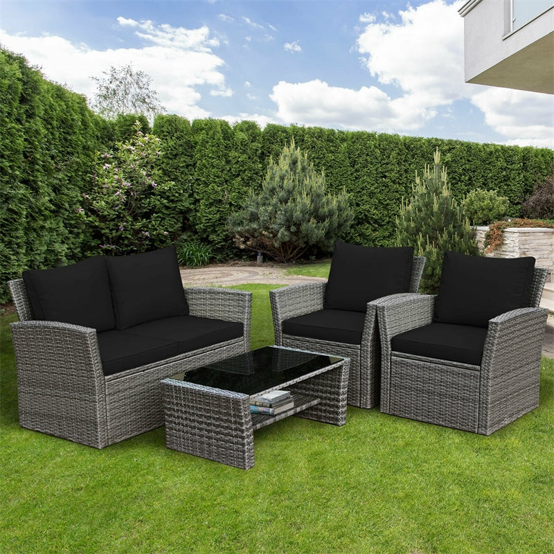 4 Pieces Patio Rattan Furniture Set Outdoor Conversation Sectional Sofa Set with Storage Shelf