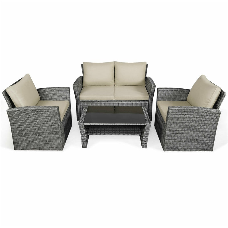 4 Pieces Patio Rattan Furniture Set Outdoor Conversation Sectional Sofa Set with Storage Shelf