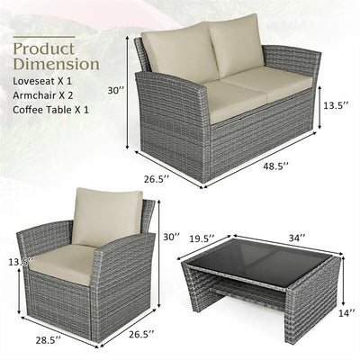 4 Pieces Patio Rattan Furniture Set Outdoor Conversation Sectional Sofa Set with Storage Shelf