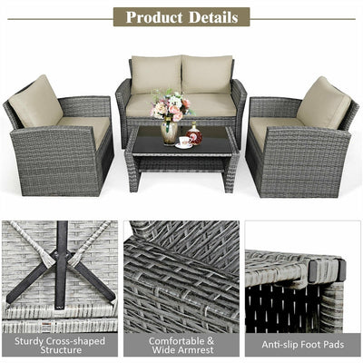 4 Pieces Patio Rattan Furniture Set Outdoor Conversation Sectional Sofa Set with Storage Shelf