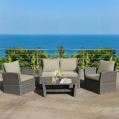 4 Pieces Patio Rattan Furniture Set Outdoor Conversation Sectional Sofa Set with Storage Shelf