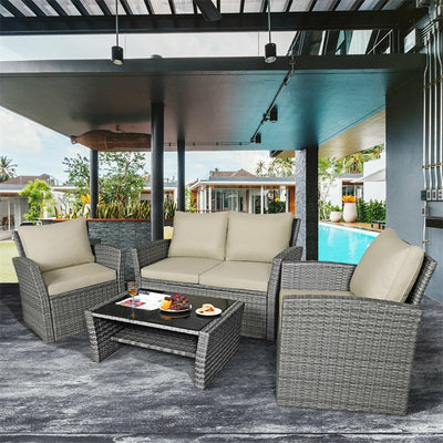 4 Pieces Patio Rattan Furniture Set Outdoor Conversation Sectional Sofa Set with Storage Shelf