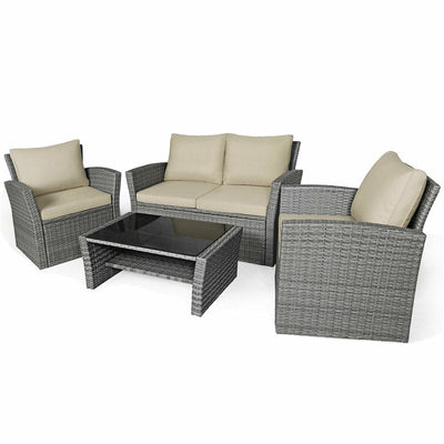 4 Pieces Patio Rattan Furniture Set Outdoor Conversation Sectional Sofa Set with Storage Shelf