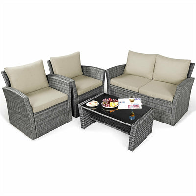 4 Pieces Patio Rattan Furniture Set Outdoor Conversation Sectional Sofa Set with Storage Shelf