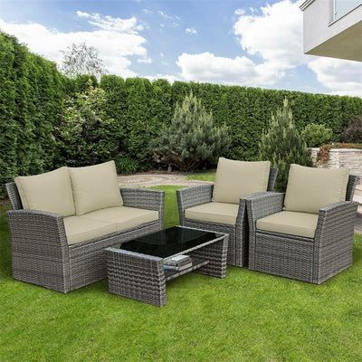 4 Pieces Patio Rattan Furniture Set Outdoor Conversation Sectional Sofa Set with Storage Shelf