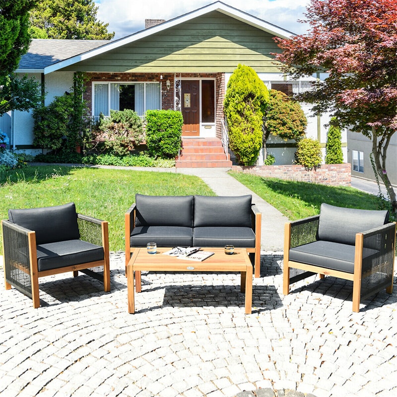 4 Pieces Outdoor Acacia Wood Furniture Set Patio Conversation Loveseat Sofa Set with Cushions and Table