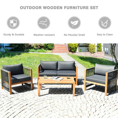 4 Pieces Outdoor Acacia Wood Furniture Set Patio Conversation Loveseat Sofa Set with Cushions and Table