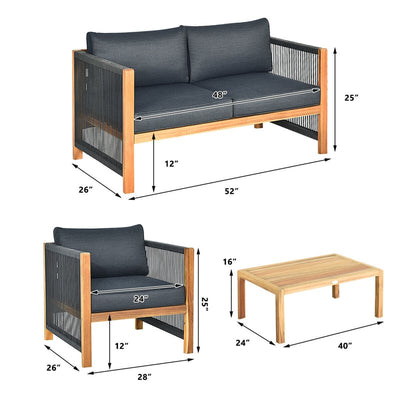 4 Pieces Outdoor Acacia Wood Furniture Set Patio Conversation Loveseat Sofa Set with Cushions and Table