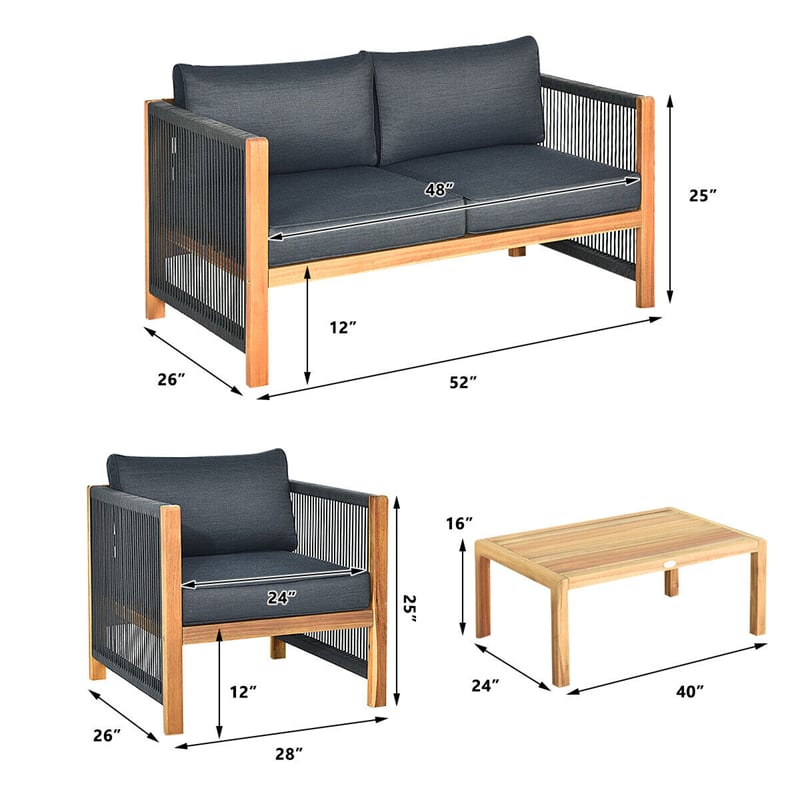 4 Pieces Outdoor Acacia Wood Furniture Set Patio Conversation Loveseat Sofa Set with Cushions and Table