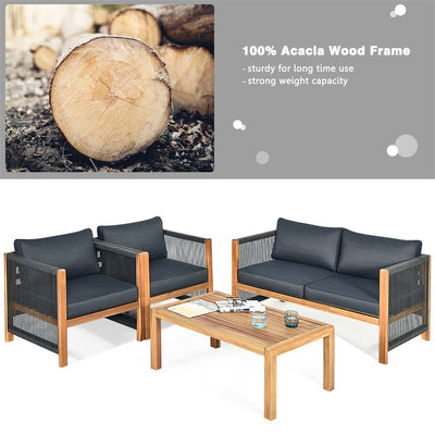 4 Pieces Outdoor Acacia Wood Furniture Set Patio Conversation Loveseat Sofa Set with Cushions and Table