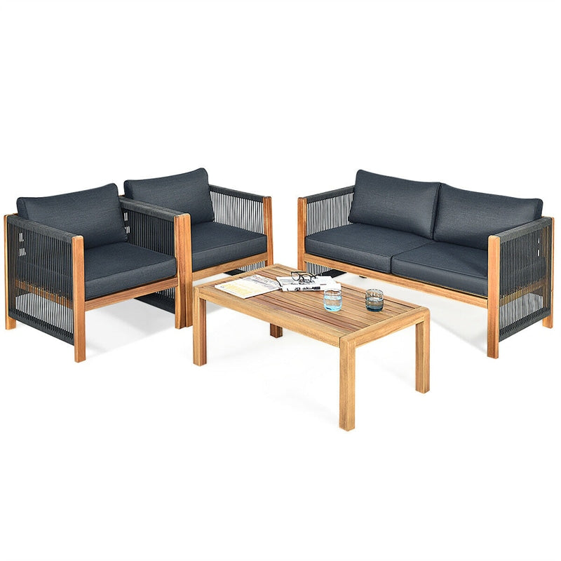 4 Pieces Outdoor Acacia Wood Furniture Set Patio Conversation Loveseat Sofa Set with Cushions and Table