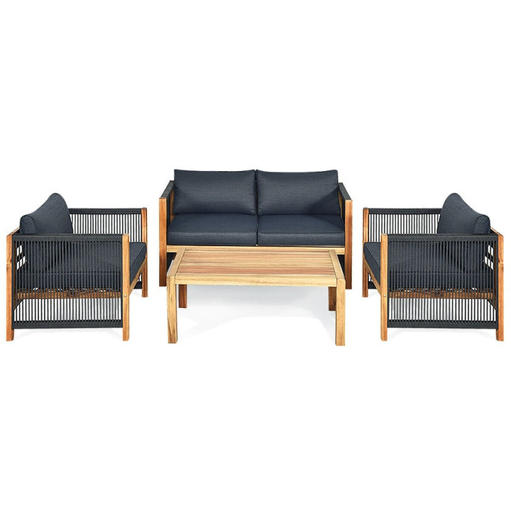 4 Pieces Outdoor Acacia Wood Furniture Set Patio Conversation Loveseat Sofa Set with Cushions and Table