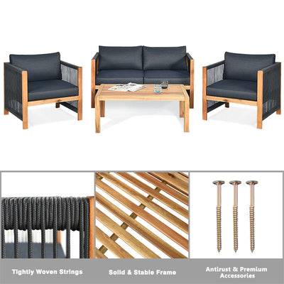 4 Pieces Outdoor Acacia Wood Furniture Set Patio Conversation Loveseat Sofa Set with Cushions and Table