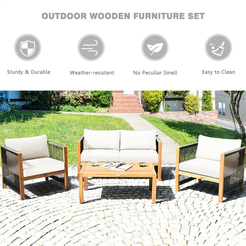 4 Pieces Outdoor Acacia Wood Furniture Set Patio Conversation Loveseat Sofa Set with Cushions and Table