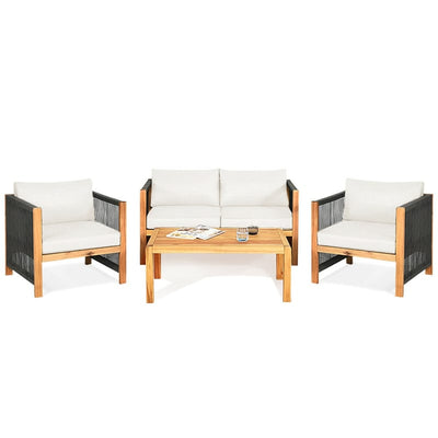 4 Pieces Outdoor Acacia Wood Furniture Set Patio Conversation Loveseat Sofa Set with Cushions and Table