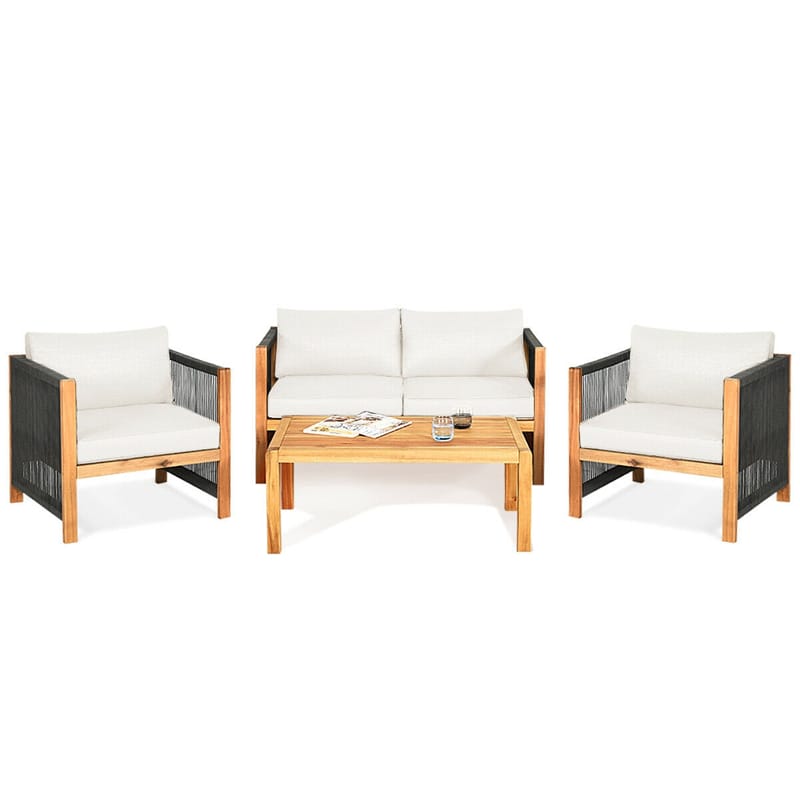 4 Pieces Outdoor Acacia Wood Furniture Set Patio Conversation Loveseat Sofa Set with Cushions and Table