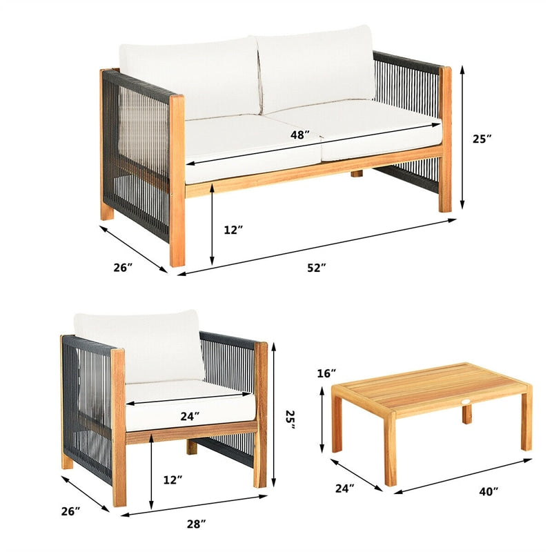 4 Pieces Outdoor Acacia Wood Furniture Set Patio Conversation Loveseat Sofa Set with Cushions and Table