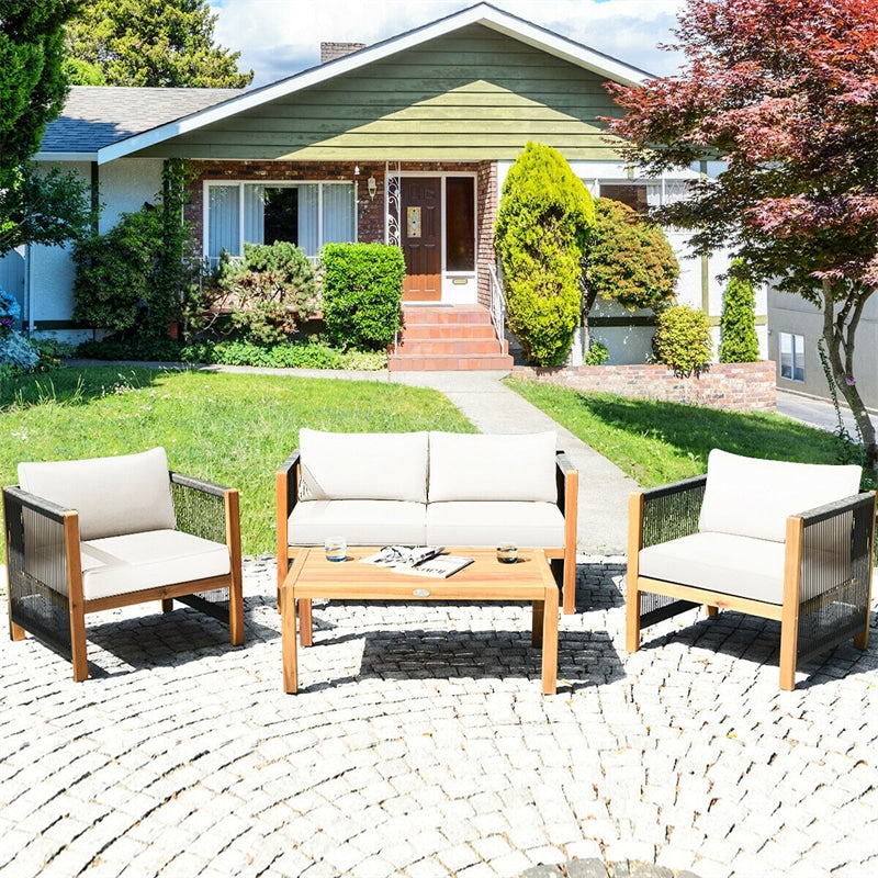 4 Pieces Outdoor Acacia Wood Furniture Set Patio Conversation Loveseat Sofa Set with Cushions and Table