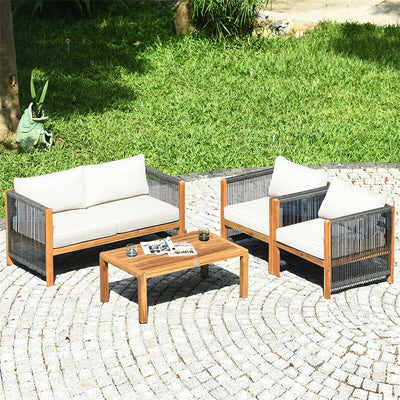 4 Pieces Outdoor Acacia Wood Furniture Set Patio Conversation Loveseat Sofa Set with Cushions and Table