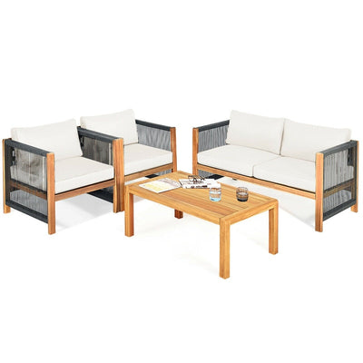 4 Pieces Outdoor Acacia Wood Furniture Set Patio Conversation Loveseat Sofa Set with Cushions and Table