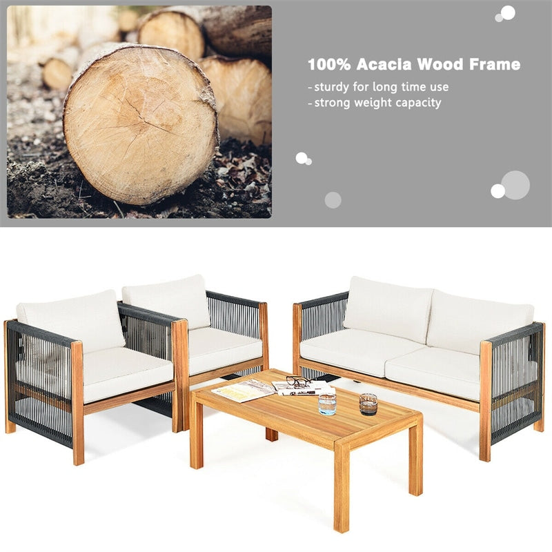 4 Pieces Outdoor Acacia Wood Furniture Set Patio Conversation Loveseat Sofa Set with Cushions and Table