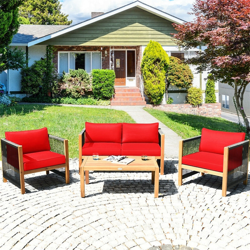 4 Pieces Outdoor Acacia Wood Furniture Set Patio Conversation Loveseat Sofa Set with Cushions and Table