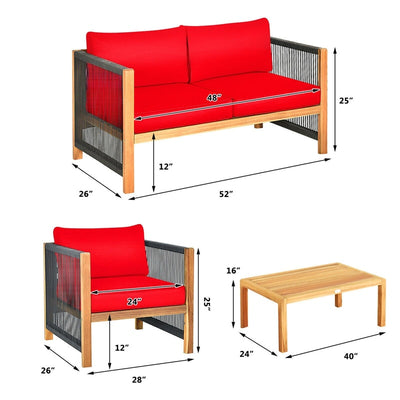 4 Pieces Outdoor Acacia Wood Furniture Set Patio Conversation Loveseat Sofa Set with Cushions and Table