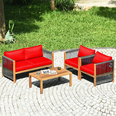 4 Pieces Outdoor Acacia Wood Furniture Set Patio Conversation Loveseat Sofa Set with Cushions and Table