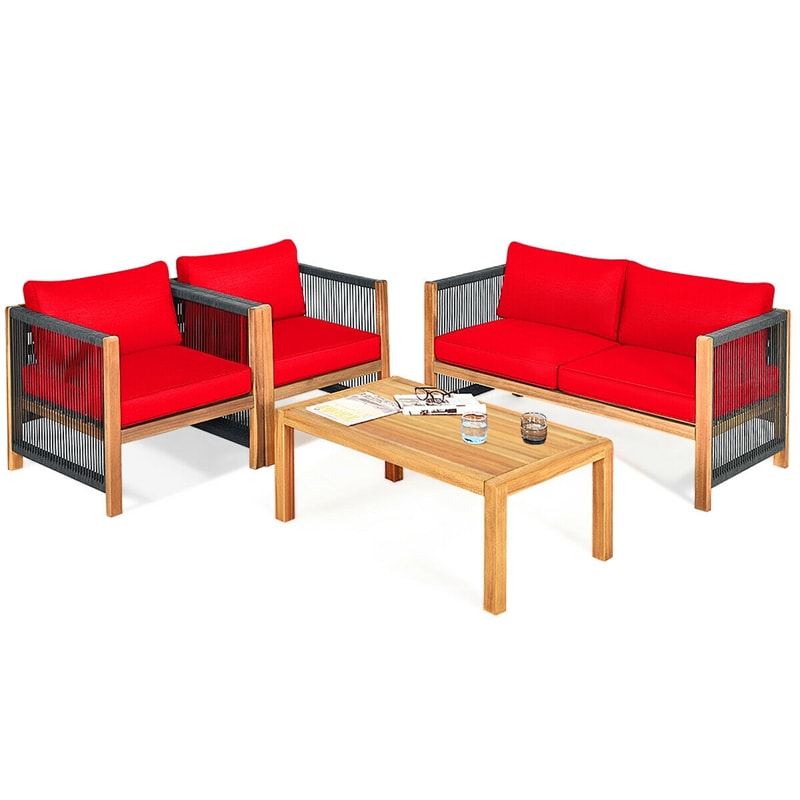 4 Pieces Outdoor Acacia Wood Furniture Set Patio Conversation Loveseat Sofa Set with Cushions and Table