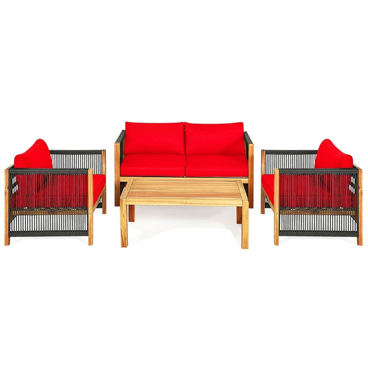 4 Pieces Outdoor Acacia Wood Furniture Set Patio Conversation Loveseat Sofa Set with Cushions and Table